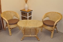 Ratanová sedací souprava Kina malá medová stolek ovál, polstry hnědý melír