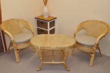 Ratanová sedací souprava Kina malá medová stolek ovál, polstry tmavě béžový melír